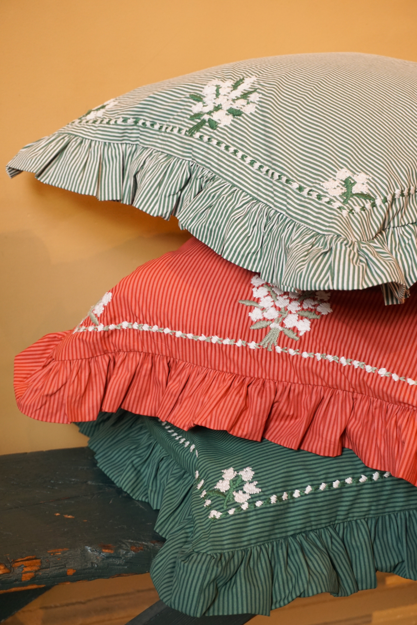 Lily Embroidered Ruffled Pillow - White Green Stripe